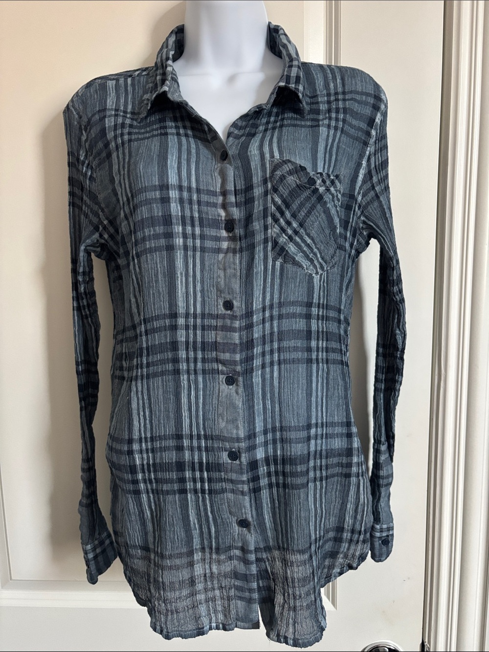 Lucky Brand Women’s Gauzy Long-Sleeve Plaid Button-Down Shirt - Blue Gray Size M